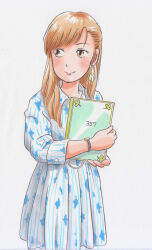 Rule 34 | 1girl, blush, book, brown eyes, brown hair, dress, earrings, floral print, highres, holding, jewelry, long hair, long sleeves, looking to the side, marup, print dress, smile, standing, striped clothes, striped dress, watch, white background, white dress, wristwatch