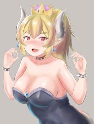 Rule 34 | 1girl, absurdres, armlet, bare shoulders, blonde hair, bowsette, bracelet, breasts, cleavage, collar, crown, dress, earrings, highres, horns, jewelry, long hair, looking at viewer, mario (series), new super mario bros. u deluxe, nintendo, open mouth, pointy ears, ponytail, rama (yu-light8), simple background, smile, solo, spiked bracelet, spiked collar, spikes, super crown