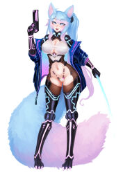 Rule 34 | 1girl, :d, ahoge, animal ear fluff, animal ears, barbariank, blue eyes, blue hair, breasts, cameltoe, cleavage, commentary, cyberpunk, dual wielding, english commentary, fox ears, fox tail, full body, gluteal fold, gradient hair, gun, hair between eyes, handgun, highres, holding, jacket, large breasts, large tail, light blush, long hair, looking at viewer, mechanical arms, mechanical legs, multicolored hair, navel, off shoulder, open clothes, open jacket, open mouth, pink hair, side ponytail, silvervale, simple background, smile, solo, standing, swept bangs, sword, tail, very long hair, virtual youtuber, vshojo, weapon, white background