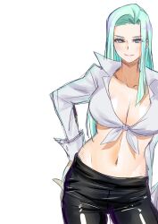 Rule 34 | 1girl, alternate costume, breasts, capcom, cleavage, demon girl, front-tie top, green eyes, green hair, hand on own hip, highres, large breasts, leather, leather pants, legs, looking at viewer, midriff, morrigan aensland, navel, pants, rosie rosie, seductive gaze, seductive smile, shirt, smile, solo, thighs, tied shirt, vampire (game)