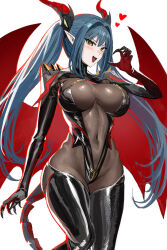 Rule 34 | 1girl, absurdres, armor, azur lane, blue hair, blush, bodystocking, breasts, claw pose, covered navel, dragon girl, dragon horns, dragon tail, dragon wings, fang, hair intakes, hand up, heart, highres, horns, kaki z3, large breasts, latex, latex legwear, long hair, looking at viewer, mechanical horns, mechanical tail, navel, open mouth, pauldrons, pointy ears, regensburg (azur lane), shoulder armor, simple background, skin fang, slit pupils, smile, solo, spikes, tail, twintails, white background, wings, yellow eyes