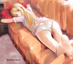 Rule 34 | 10s, 1girl, artist name, ass, barefoot, blonde hair, commentary request, couch, eromanga sensei, feet, foreshortening, goldowl, highres, indoors, long hair, looking at viewer, looking back, lying, on couch, on stomach, panties, pillow, shirt, short sleeves, solo, twitter username, underwear, white panties, white shirt, yamada elf