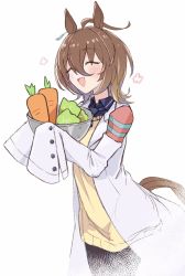 Rule 34 | 1girl, agnes tachyon (umamusume), ahoge, animal ears, blush, bowl, brown hair, carrot, closed eyes, collared shirt, earrings, hair between eyes, highres, holding, holding bowl, horse ears, horse girl, horse tail, jewelry, lab coat, lettuce, mocha (mochaxgm), open mouth, shirt, short hair, single earring, sleeves past fingers, sleeves past wrists, solo, sweater, tail, umamusume, upper body, white background, yellow sweater