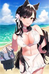 Rule 34 | &gt; &lt;, 1girl, :3, animal ears, atago (azur lane), atago (summer march) (azur lane), atago (summer march) (azur lane), azur lane, beach, bikini, bikini skirt, black hair, blue sky, blurry, blurry background, blush, breasts, choker, cleavage, closed mouth, cloud, cloudy sky, commentary, cowboy shot, day, eyelashes, floating, flower, hair between eyes, hair flower, hair ornament, hair ribbon, hand on own hip, kayoubi (tuesday 91), large breasts, lips, long hair, looking at viewer, navel, ocean, official alternate costume, outdoors, ribbon, sky, smile, solo, standing, stomach, swept bangs, swimsuit, thigh gap, turret, white bikini, white choker, white ribbon, yellow eyes