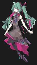 Rule 34 | 1girl, absurdres, alternate costume, aqua hair, black background, black dress, bow, dress, hair bow, hatsune miku, hatsushiro mamimu, highres, long hair, looking to the side, necktie, purple eyes, purple necktie, simple background, solo, twintails, vocaloid