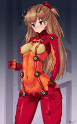 Rule 34 | 1girl, blue eyes, blush, bodysuit, breasts, brown hair, cowboy shot, curvy, evangelion: 2.0 you can (not) advance, hair between eyes, impossible bodysuit, impossible clothes, interface headset, long hair, medium breasts, neon genesis evangelion, onomesin, plugsuit, rebuild of evangelion, red bodysuit, see-through, see-through bodysuit, shiny clothes, simple background, skin tight, solo, souryuu asuka langley, standing, sweat, test plugsuit, two side up, very long hair, wide hips
