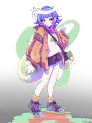 Rule 34 | 1girl, absurdres, alternate costume, black shorts, blue hair, flower, gradient background, green background, grey background, hair flower, hair ornament, hand up, highres, jacket, league of legends, long sleeves, looking at viewer, multicolored hair, neeko (league of legends), orange jacket, park ogre, pink flower, pink hair, shirt, shoes, shorts, smile, solo, stuffed animal, stuffed frog, stuffed toy, white shirt, wide sleeves