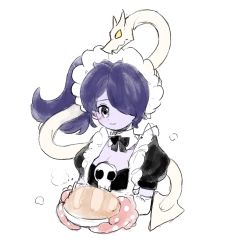 Rule 34 | 1girl, 2021, apron, blue hair, blue skin, bow, bowtie, bread, colored skin, cooking, dubianqianqiu, food, frilled apron, frills, highres, leviathan (skullgirls), maid, maid headdress, oven mitts, pie, side ponytail, skullgirls, smile, solo, squigly (skullgirls), white background