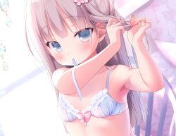 Rule 34 | 1girl, armpits, bare arms, bare shoulders, blue bra, blue eyes, blue ribbon, blush, bow, bow bra, bra, braid, braiding hair, breasts, brown hair, closed mouth, collarbone, commentary request, flower, hair flower, hair ornament, hairdressing, hands up, long hair, looking at viewer, mouth hold, original, pink flower, piyodera mucha, ribbon, ribbon in mouth, small breasts, solo, underwear, underwear only, upper body