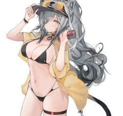 Rule 34 | 1girl, animal ear fluff, animal ears, arknights, bikini, black bikini, black hat, blush, breasts, cameltoe, can, cat ears, cat girl, cat tail, choker, cleavage, cowboy shot, eyewear on head, grey hair, hand on headwear, hat, highres, holding, holding can, jacket, large breasts, long hair, looking at viewer, midriff, mikozin, mole, mole on stomach, navel, open clothes, open jacket, pendant choker, ponytail, red choker, schwarz (arknights), see-through, simple background, skindentation, solo, sunglasses, swimsuit, tail, thigh strap, very long hair, visor cap, white background, yellow jacket