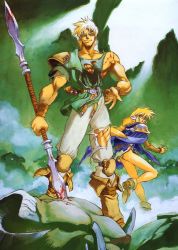 Rule 34 | 1990s (style), 1boy, 1girl, armor, bleeding, blonde hair, blood, boots, cape, dagger, double-blade, hikyou tanken fam &amp; ihrie, holding, holding weapon, knee pads, knife, long hair, miguel (ruin explorers), monster, non-web source, official art, open mouth, pauldrons, rasha (ruin explorers), retro artstyle, scratches, sheath, sheathed, short hair, shoulder armor, stab, standing, surrounded, tanaka kunihiko, torn clothes, traditional media, weapon, wristband