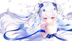 Rule 34 | 1girl, animal ears, azur lane, blue bow, blue flower, bouquet, bow, closed mouth, commentary request, dress, flower, gloves, hair flower, hair ornament, hair ribbon, holding, holding bouquet, kokone (coconeeeco), laffey (azur lane), laffey (white rabbit&#039;s oath) (azur lane), long hair, petals, rabbit ears, red eyes, ribbon, rose, smile, solo, strapless, strapless dress, twintails, upper body, very long hair, wedding dress, white dress, white flower, white gloves, white hair, white ribbon, white rose