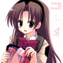 Rule 34 | 1girl, :d, bag, blazer, blush, bow, bowtie, box, collar, gift, gift box, hairband, holding, holding gift, jacket, kannon ouji, long sleeves, looking at viewer, open mouth, parted bangs, red bow, red bowtie, simple background, smile, solo, upper body, white background