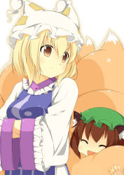 Rule 34 | 2girls, animal ears, blonde hair, brown eyes, brown hair, cat ears, cat girl, cat tail, chen, closed eyes, crossed arms, fang, female focus, fox tail, hands in opposite sleeves, hat, hat with ears, highres, hugging another&#039;s tail, large tail, long sleeves, multiple girls, multiple tails, open mouth, sasakura, short hair, smile, tabard, tail, hugging tail, touhou, wide sleeves, yakumo ran