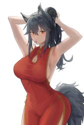 Rule 34 | 1girl, absurdres, animal ears, arknights, armpits, black hair, breasts, china dress, chinese clothes, chinese new year, cleavage cutout, clothing cutout, commentary, contrapposto, dress, ear piercing, earrings, english commentary, gold trim, hachi (hachi ik0), hair between eyes, hair tie, hair tie in mouth, hands in hair, high ponytail, highres, hoop earrings, jewelry, large breasts, looking at viewer, mouth hold, orange eyes, piercing, red dress, side slit, sideboob, sidelocks, tail, texas (arknights), tying hair, white background, wolf ears, wolf girl, wolf tail