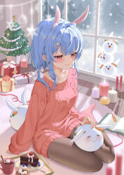 1girl absurdres animal animal_ear_fluff animal_ears animal_on_lap blue_hair blush book bookmark breasts brown_eyes cake cake_slice candle candlestand carrot_hair_ornament christmas_tree commentary_request cup extra_ears food food-themed_hair_ornament fork genjitsu_pirika gift hair_intakes hair_ornament hair_ribbon highres hololive hot_chocolate long_sleeves medium_breasts medium_hair mug on_lap open_book pantyhose pink_socks pink_sweater rabbit rabbit-shaped_pupils rabbit_ears rabbit_girl ribbed_sweater ribbon short_eyebrows sidelocks sitting sleeves_past_wrists socks solo sweater symbol-shaped_pupils thick_eyebrows tray usada_pekora virtual_youtuber white_ribbon x_hair_ornament