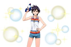 Rule 34 | 1girl, arisawa tatsuki, bare legs, bare shoulders, black hair, bleach, bleach bankai battle, breasts, brown eyes, collarbone, hand on own hip, holding, jewelry, legs, looking at viewer, necklace, official art, shirt, shorts, sleeveless, sleeveless shirt, smile, sparkle