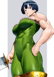 Rule 34 | 1girl, abs, absurdres, black hair, blue eyes, bodysuit, breasts, cleavage cutout, clothing cutout, female focus, gawain (mokushiroku no yonkishi), hand on own hip, highres, large breasts, looking at viewer, mokushiroku no yonkishi, muscular, muscular arms, muscular female, muscular legs, nanatsu no taizai, pointing, pout, red background, short hair, solo, sword, tight clothes, veins, weapon, yoshio (55level)