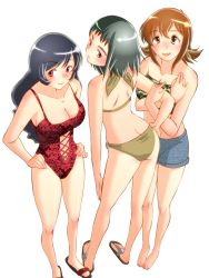 Rule 34 | 3girls, arm hug, ass, bare shoulders, barefoot, bikini, black hair, breasts, brown eyes, butt crack, casual one-piece swimsuit, cleavage, green hair, halterneck, hands on own hips, large breasts, legs, long hair, medium breasts, minato (leap-up), multiple girls, one-piece swimsuit, original, red eyes, sandals, short hair, shorts, simple background, strapless, swimsuit, tube top