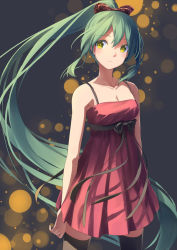 Rule 34 | 1girl, absurdly long hair, alternate hairstyle, bare arms, black thighhighs, bow, breasts, cleavage, dress, green hair, hair bow, hatsune miku, highres, long hair, looking at viewer, ponytail, serious, solo, thighhighs, touboku, very long hair, vocaloid, yellow eyes, zettai ryouiki