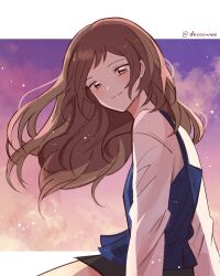 Rule 34 | 1girl, blush, brown hair, des (desoowee), dress, floating hair, highres, idolmaster, idolmaster million live!, kitazawa shiho, letterboxed, looking at viewer, looking to the side, pinafore dress, shirt, sleeveless dress, smile, solo, twilight, twitter username, white shirt