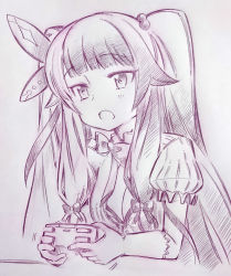 Rule 34 | 1girl, blunt bangs, bow, bowtie, breasts, cleavage, commentary request, controller, game controller, gloves, hair bow, highres, holding, holding controller, holding game controller, long hair, medium breasts, monochrome, nijisanji, puffy short sleeves, puffy sleeves, short sleeves, sketch, solo, traditional media, tsukareta san, twintails, virtual youtuber, yorumi rena, yorumi rena (1st costume)