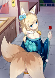 Rule 34 | 1girl, absurdres, animal ear fluff, animal ears, aqua flower, azur lane, back, bare shoulders, bell, blue eyes, blue kimono, blush, candy apple, chinese commentary, closed mouth, commentary request, cowboy shot, fengxue, floral print, flower, food, fox ears, fox girl, fox tail, from behind, hair flower, hair ornament, hand up, highres, japanese clothes, jingle bell, kimono, long hair, long sleeves, looking at viewer, looking back, niizuki (azur lane), outdoors, solo, standing, summer festival, tail, thick eyebrows, wide sleeves