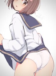 Rule 34 | 1girl, ass, blush, brown eyes, brown hair, clothes lift, cowboy shot, dress, dress lift, flower, from behind, hair flower, hair ornament, highres, kantai collection, lifting own clothes, long sleeves, ludens (inonaka koubou), open mouth, panties, pink flower, sailor dress, short hair, simple background, solo, underwear, white background, white dress, white panties, yukikaze (kancolle), yukikaze kai ni (kancolle)
