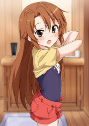 Rule 34 | 1girl, black eyes, blurry, blush, brown hair, depth of field, fang, highres, koshigaya komari, long hair, looking at viewer, mousou (mousou temporary), non non biyori, one-piece swimsuit, open mouth, school swimsuit, school uniform, shorts, solo, swimsuit, swimsuit under clothes, undressing, very long hair