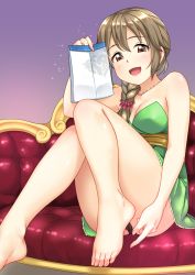 Rule 34 | 1girl, bare shoulders, barefoot, black panties, blush, braid, breasts, brown eyes, brown hair, cleavage, couch, dress, envelope, feet, highres, idolmaster, idolmaster cinderella girls, idolmaster cinderella girls starlight stage, jakelian, jewelry, long hair, looking at viewer, necklace, open mouth, panties, senkawa chihiro, single braid, sitting, smile, solo, strapless, strapless dress, toes, underwear