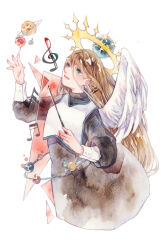 Rule 34 | 1girl, angel wings, black dress, black sleeves, blue eyes, brown hair, bubble, chinese commentary, commentary request, conductor baton, cowboy shot, dress, earrings, feathered wings, gold earrings, hair between eyes, halo, holding baton, huangpi sang, jewelry, long hair, long sleeves, looking up, loose hair strand, musical note, original, painting (medium), planet, planetary ring, puffy long sleeves, puffy sleeves, reaching, simple background, single wing, solo, straight hair, traditional media, triangle, triangle earrings, turtleneck, turtleneck dress, very long hair, vest, watercolor (medium), white background, white vest, white wings, wings, yellow halo
