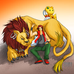 Rule 34 | 1other, 2boys, agumon (digimon savers), belt, daimon masaru (digimon savers), digimon, digimon (creature), digimon savers, full body, highres, jacket, liamon, lion, multiple boys, multiple others, reptile, tail
