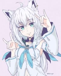 Rule 34 | 1girl, ahoge, animal ear fluff, animal ears, armpit peek, artist name, blue eyes, blush, braid, breasts, cleavage, closed mouth, commentary, detached sleeves, double fox shadow puppet, earrings, english commentary, fox ears, fox shadow puppet, hair between eyes, head tilt, highres, hololive, hood, hoodie, jewelry, kukie-nyan, long hair, looking at viewer, medium breasts, midriff, mixed-language commentary, navel, purple background, shirakami fubuki, shirakami fubuki (1st costume), side braid, silver hair, simple background, smile, solo, twitter username, upper body, virtual youtuber, white hoodie