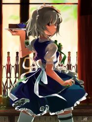 Rule 34 | 1girl, apron, bad id, bad pixiv id, blue dress, dress, female focus, fence, grey hair, izayoi sakuya, knife, looking at viewer, looking back, maid, maid apron, maid headdress, plate, puffy sleeves, red eyes, short dress, short hair, short sleeves, signature, solo, tablet, thighhighs, throwing knife, touhou, umi no manateii, weapon, white thighhighs, zettai ryouiki