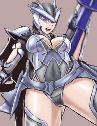Rule 34 | 1girl, armor, ass, black hair, bracer, breasts, cleavage, covered navel, cowboy shot, earth defense force, earth defense force 2025, full body, gloves, gluteal fold, gun, headgear, helmet, large breasts, mechanical wings, open mouth, pauldrons, short hair, shoulder armor, simple background, solo, thighs, weapon, wing diver, wings