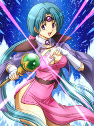 Rule 34 | 1990s (style), 1girl, aqua hair, blue background, breasts, card, circlet, cleavage, dress, fingerless gloves, fujii satoshi, gloves, haou taikei ryuu knight, long hair, magic, paffy pafuricia, pink dress, purple eyes, shoulder pads, smile, solo, twintails