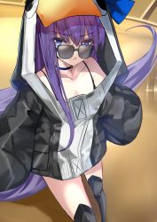 Rule 34 | 1girl, animal hood, armor, bare shoulders, black jacket, blue bow, blue eyes, blush, bow, breasts, choker, closed mouth, collarbone, fate/grand order, fate (series), greaves, hair between eyes, hood, jacket, kesoshirou, licking lips, long hair, long sleeves, looking at viewer, meltryllis (fate), meltryllis (swimsuit lancer) (first ascension) (fate), penguin hood, purple hair, sleeves past fingers, sleeves past wrists, small breasts, smile, solo, sunglasses, thighs, tongue, tongue out, very long hair