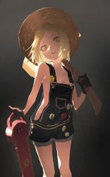 Rule 34 | 1girl, axe, bare shoulders, black gloves, blonde hair, breasts, chainsaw, dual wielding, fate/grand order, fate (series), gloves, hat, highres, holding, holding axe, holding chainsaw, kuronoiparoma, looking at viewer, naked overalls, open mouth, overalls, parted bangs, paul bunyan (fate), paul bunyan (third ascension) (fate), short hair, small breasts, solo, straw hat, teeth, yellow eyes