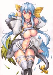 Rule 34 | 1girl, asymmetrical wings, black thighhighs, blue hair, blush, breasts, center opening, cleavage, colored pencil (medium), detached sleeves, dizzy (guilty gear), female focus, gradient background, guilty gear, guilty gear x, guilty gear xx, hair ribbon, highres, large breasts, leg ribbon, long hair, navel, necro (guilty gear), red eyes, ribbon, smile, solo, tail, tail ornament, tail ribbon, thigh gap, thigh ribbon, thighhighs, traditional media, undine (guilty gear), wings, yoshitsuki