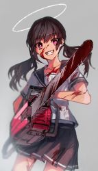 Rule 34 | 1girl, :d, black hair, black sailor collar, black skirt, blood, blood on clothes, blood on face, bloody weapon, blurry, bright pupils, chainsaw, cowboy shot, danjou sora, depth of field, ear piercing, grey background, grin, halo, highres, holding, long hair, looking at viewer, low twintails, open mouth, original, piercing, pink eyes, pleated skirt, sailor collar, school uniform, serafuku, shirt, short sleeves, simple background, skirt, smile, solo, standing, teeth, twintails, two-handed, weapon, white shirt
