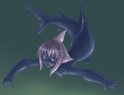 Rule 34 | &gt;:d, 1girl, :d, blue skin, breasts, colored skin, completely nude, dark, fang, fangs, fins, gills, gradient background, green background, grey hair, mermaid, monster girl, noise (lesion949), nude, nudist, open mouth, purple hair, red eyes, shark, shark girl, sharp teeth, short hair, skinny dipping, small breasts, smile, solo, swimming, teeth, underwater, v-shaped eyebrows, water