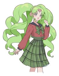 Rule 34 | 1girl, alternate costume, black sailor collar, blush, bow, colored eyelashes, commentary request, cowboy shot, drill hair, falulu, forehead jewel, green bow, green hair, green skirt, grey eyes, hand up, headphones, heart, long hair, long sleeves, looking at viewer, nanceee 305, open mouth, parted bangs, plaid, plaid skirt, pleated skirt, pretty series, pripara, red shirt, sailor collar, school uniform, serafuku, shirt, sidelocks, simple background, skirt, smile, solo, standing, twintails, very long hair, white background