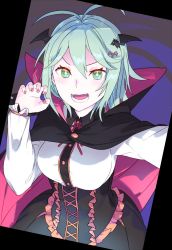 Rule 34 | 1girl, antenna hair, bad id, bad twitter id, bat hair ornament, black cloak, black skirt, claw pose, cloak, collared shirt, commentary request, cross-shaped pupils, fangs, frilled sleeves, frills, green eyes, green hair, hair ornament, hairclip, halloween, halloween costume, high-waist skirt, kuze (ira), long sleeves, looking at viewer, neck ribbon, open mouth, original, red cloak, red ribbon, ribbon, selfie, shirt, short hair, skirt, smile, solo, standing, symbol-shaped pupils, two-sided cloak, two-sided fabric, white shirt