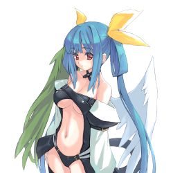 Rule 34 | 1girl, amano yuu, arc system works, asymmetrical wings, blue hair, bow, breasts, colored eyelashes, dizzy (guilty gear), guilty gear, hair bow, long hair, red eyes, solo, twintails, underboob, wings