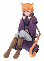 Rule 34 | 1girl, alternate costume, animal ears, bad source, blush, boots, cat ears, cat girl, cat tail, closed mouth, collar, commission, commissioner upload, facepaint, fire emblem, fire emblem: path of radiance, fire emblem: radiant dawn, highres, holding, holding collar, lethe (fire emblem), nintendo, orange hair, purple eyes, purple robe, robe, short hair, sitting, solo, tail, white background, witchi