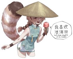 Rule 34 | 1girl, agemmata, aqua nails, aqua shirt, bare shoulders, braid, brown hair, brown ribbon, chinese clothes, chinese text, commentary, english commentary, english text, fang, food, hair ribbon, hat, highres, holding, holding ice cream cone, ice cream, ice cream cone, jingasa, komachi panko, leaning forward, long hair, mixed-language text, nail polish, open mouth, phase connect, red eyes, red panda girl, red panda tail, revision, ribbon, shaded face, shirt, short shorts, shorts, simple background, sleeveless, sleeveless shirt, smile, solo, standing, straw hat, virtual youtuber, white background, white shorts, wristband