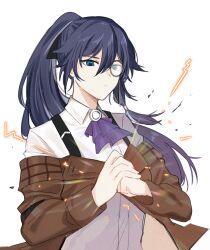 Rule 34 | 1girl, 3o c, black hair, blue eyes, brown coat, closed mouth, coat, collared shirt, detective, fu hua, fu hua (valkyrie accipiter), honkai (series), honkai impact 3rd, long hair, long sleeves, looking at viewer, monocle, ponytail, shirt, simple background, solo, upper body, white background, white shirt