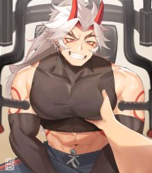 Rule 34 | 1boy, abs, arataki itto, arm tattoo, bara, biceps, compression shirt, crop top, ear piercing, earrings, elbow gloves, facial tattoo, forked eyebrows, genshin impact, gloves, grabbing, gym, gym uniform, heithanoll, highres, horns, jewelry, large pectorals, long hair, looking at viewer, machinery, male focus, manly, mature male, muscular, muscular male, nipples, pants, pectoral grab, pectorals, piercing, red eyes, single earring, sitting, smile, sweat, sweatdrop, tattoo, teeth, thick arms, thick eyebrows, track pants, white hair