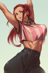Rule 34 | 1girl, abs, armpits, arms up, breasts, highres, large breasts, long hair, midriff, mikel (4hands), muscular, muscular female, orange eyes, original, pants, red hair, smile, solo, striped clothes, tank top, tight clothes, tight pants, white background