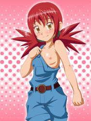 Rule 34 | 1girl, blush, breast slip, breasts, digimon, digimon xros wars, highres, hinomoto akari, naked overalls, one breast out, orange eyes, overalls, red hair, small breasts, solo, takappe